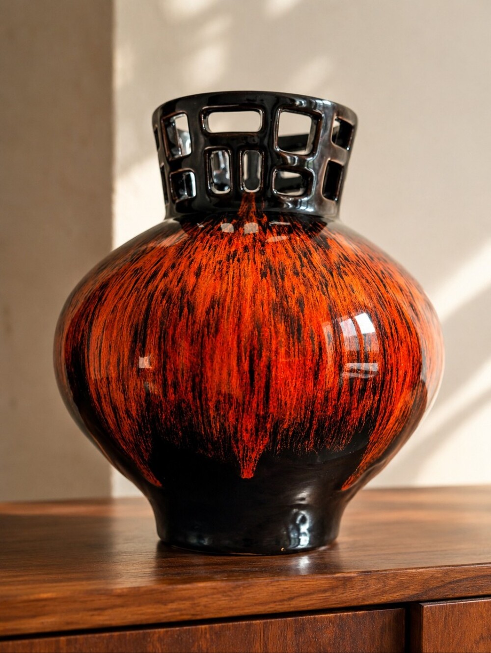 Canuck Pottery Evangeline 695 Atomic Orange Drip Glaze Pierced Vase